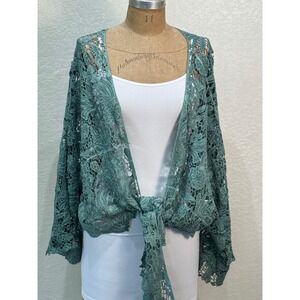 A Rare Bird Women's Green Floral Lace Tie Front Shrug Kimono One Size NWT